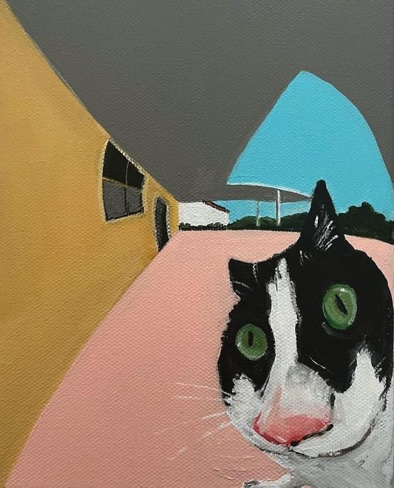 Painting of a black-and-white cat with green eyes